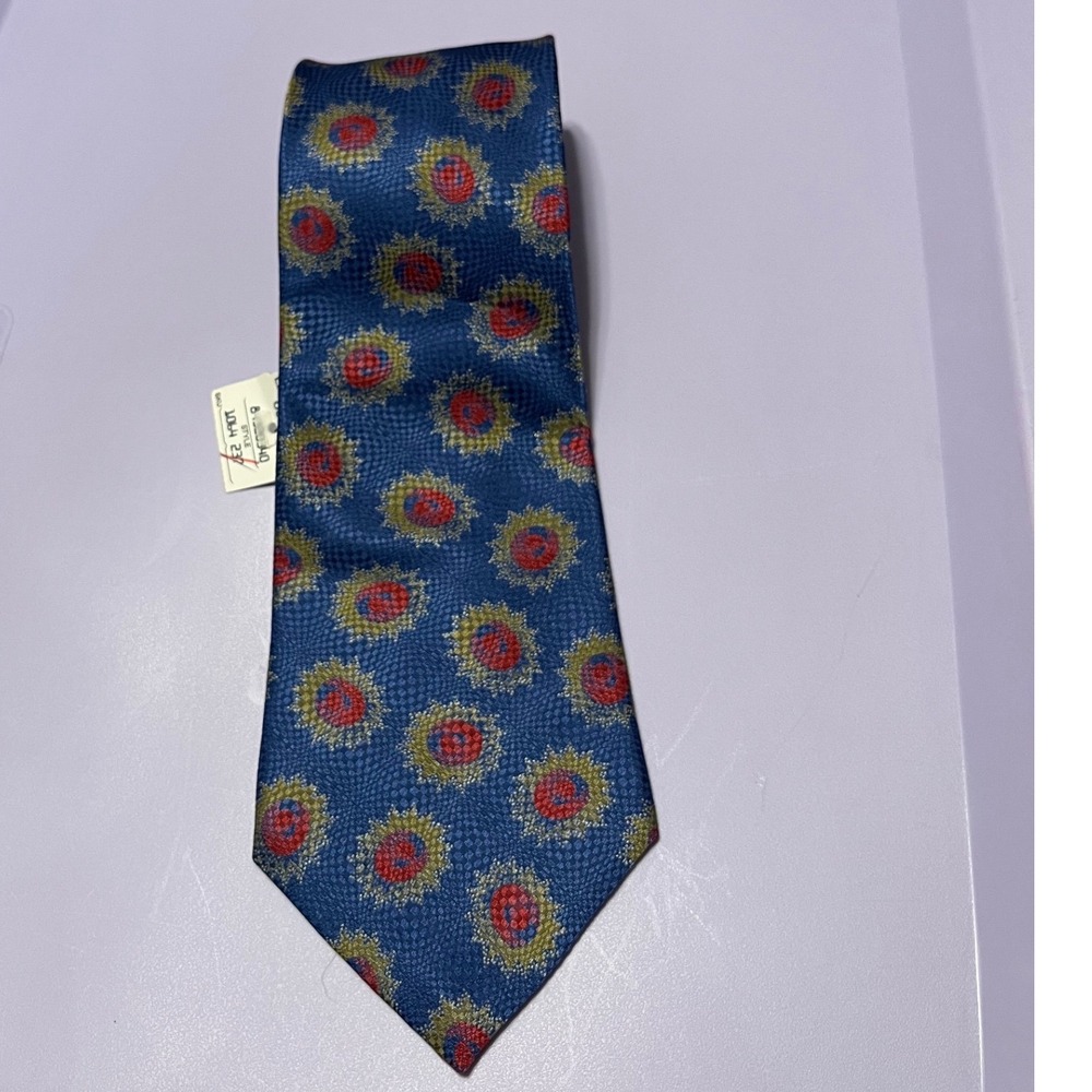 Liz Claiborne Mens Silk Tie Blue Red Yellow Sunburst Medallion 1064 237 USA Made